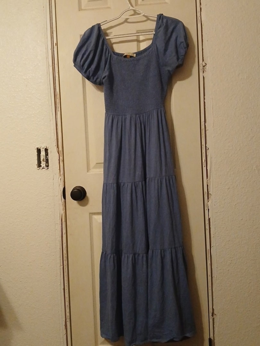 DownEast Chambray Blue Puff-Sleeve Tiered Maxi Dress